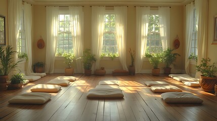 Fototapeta premium Peaceful yoga space with bright natural lighting, soft wooden floors, and airy curtains