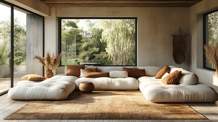 Wellness-inspired home setting with a calming color palette, subtle lighting, and soft decor