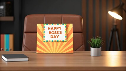 a vibrant "happy boss's day" card displayed on a desk. the card features colorful sunburst patterns around a white square that says "happy boss's day" 