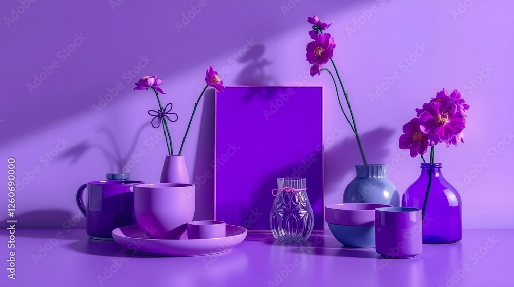 Poster a table with a purple background and a variety of purple vases and bowls. the vases and bowls are ar