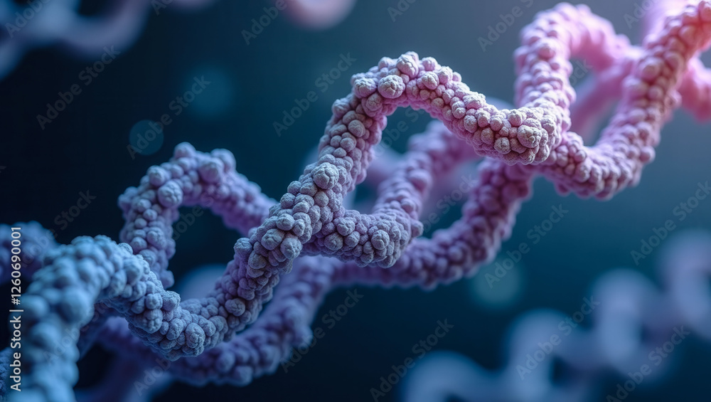Poster a close up of a strand of dna with a blue background. the strand is twisted and has a fuzzy appearan