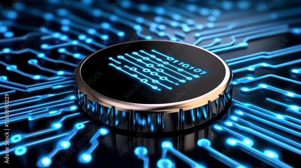 Poster close up view of a metallic round circuit board chip, set against a complex network of glowing blue 