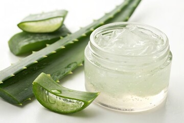 Fresh Aloe Vera Gel in Clear Jar Surrounded by Aloe Vera Leaves and Slices on White Background
