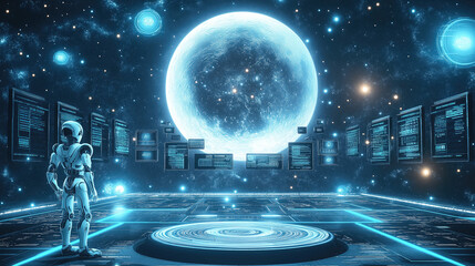 Futuristic humanoid robot interacting with glowing holographic sphere in a modern control room illuminated by a full moon and starry cosmic sky, featuring advanced technology interfaces 