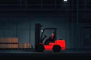 Vector Illustration of Forklift Moving Crates in Minimal Warehouse Setting