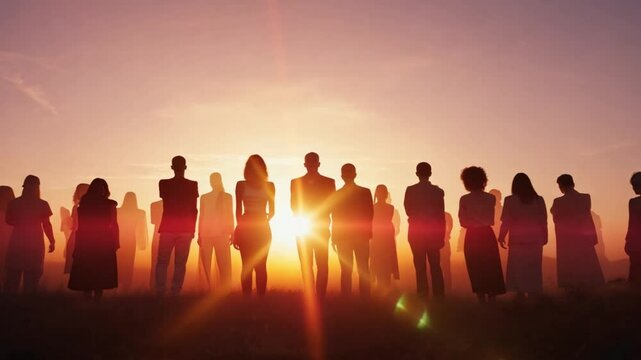 Silhouettes of diverse people standing together, holding hands, forming a globe or network symbolizing global unity and inclusivity, 4k High-Quality Animation Video