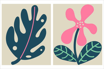Abstract floral doodle shapes. Hand drawn minimalist flower and leaves. Modern isolated vector illustration.