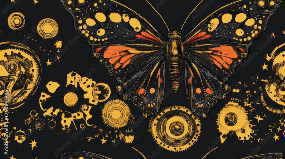 Poster steampunk butterfly gear pattern - intricate steampunk design featuring a butterfly with gears and c