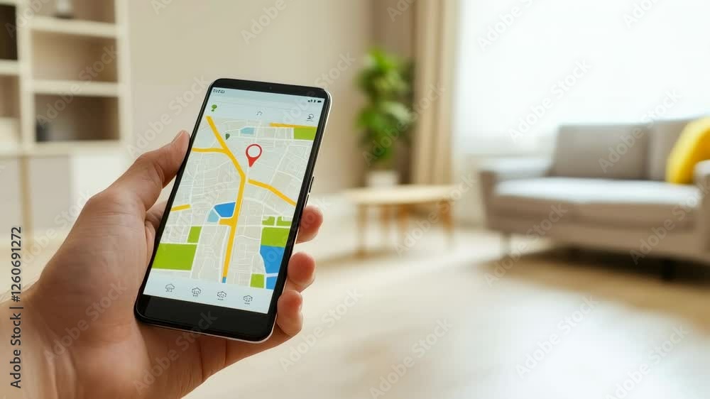 Poster Person using mobile phone with navigation map application opened on screen, checking location, searching address in modern apartment interior, slow motion