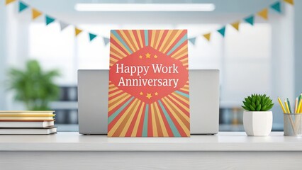 a greeting card with the message "Happy Work Anniversary" on a desk in an office space