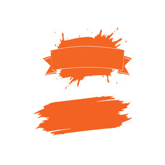 A bold, vibrant orange paint stroke with dripping paint and textured brush strokes against a white background.