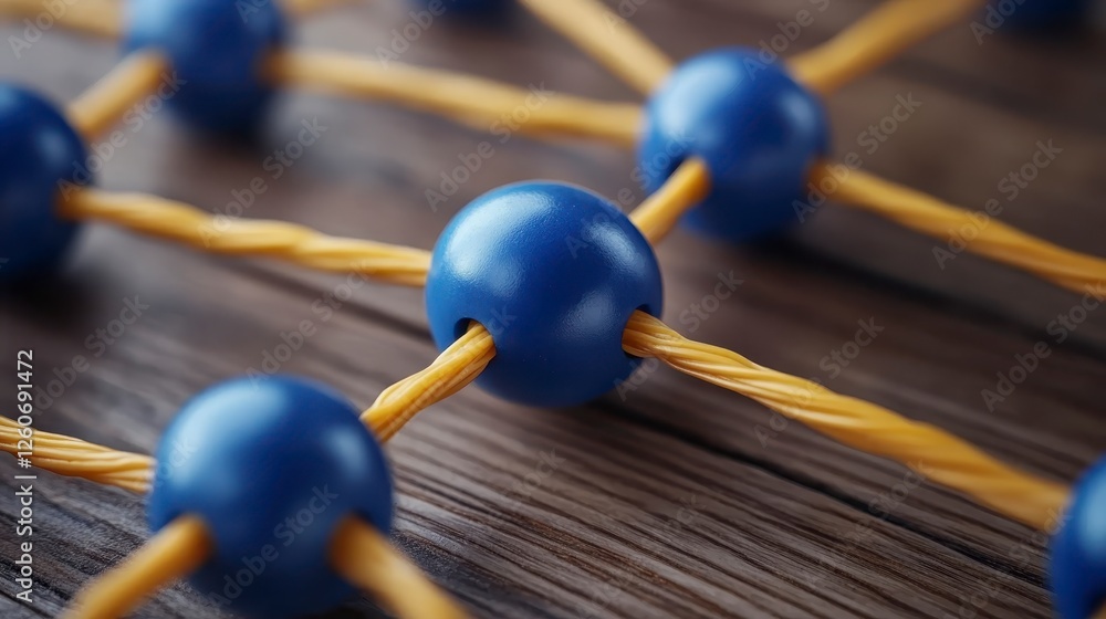 Poster closeup view of interconnected blue spheres connected by yellow strings on a dark wooden surface. th