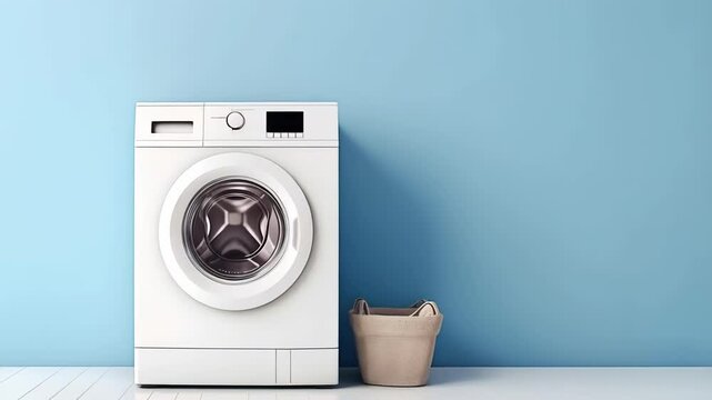 White washing machine positioned near empty laundry basket, showcasing sleek home appliance design against soft blue background with minimal interior styling