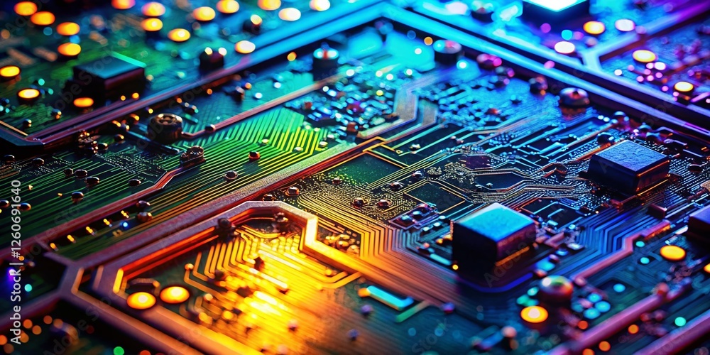 Poster glowing tech circuit board macro: intricate electronic component pattern