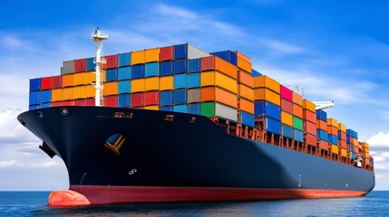 Large cargo ship, full of colorful containers, navigating calm blue waters under a partly cloudy, bright blue sky. Dark hull, orange accents on the