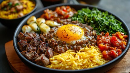 Delicious beef bibimbap, egg yolk, rice, vegetables