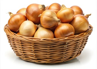 Yellow onions in wicker basket - A basket filled with fresh yellow onions, perfect for cooking, healthy meals, and ingredient preparation.

