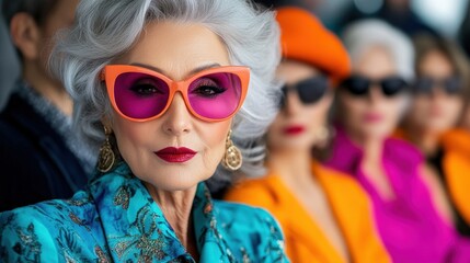 An elegantly dressed group of elderly women, showcasing bold fashion choices with striking colors and stylish accessories, embody the beauty of aging gracefully and confidently.