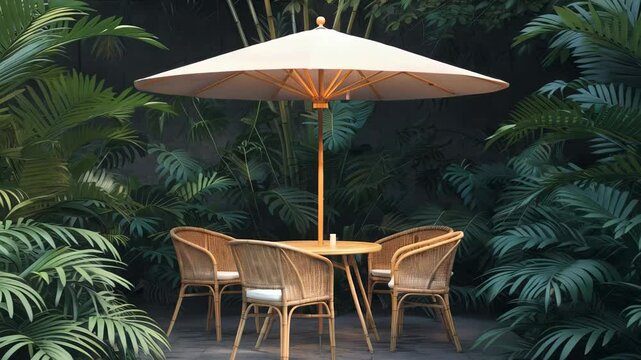 Wooden table and chairs under a parasol, surrounded by tropical plants, creating a peaceful and inviting atmosphere