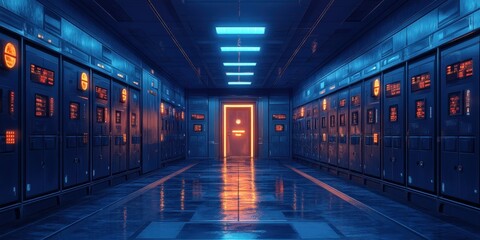 Futuristic Data Center Corridor with Vibrant Neon Lighting and Reflective Surfaces Showcasing Advanced Technology Infrastructure in a Secure Facility