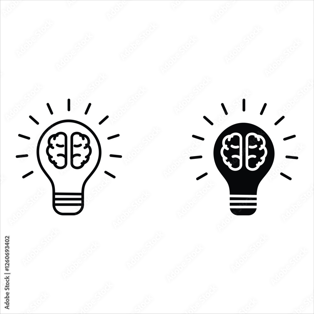 Poster light bulb with brain icons symbol sign vector design black white color simple line illustration col