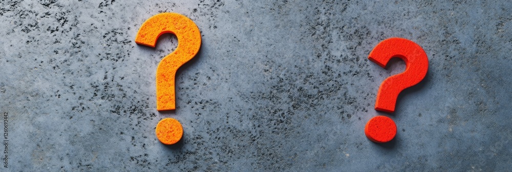 Poster two question marks on gray background - two question marks, one orange and one red, sit on a texture