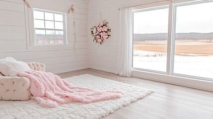 Pink blanket, cozy chair, winter window view, studio room, newborn photoshoot