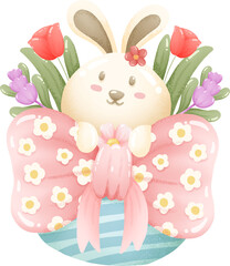 Happy Easter day watercolor elements. Cute little bunny and colorful flower.