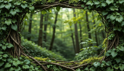 Natural frame made from intertwining leaves, vines, and moss set against a lush green forest backdrop