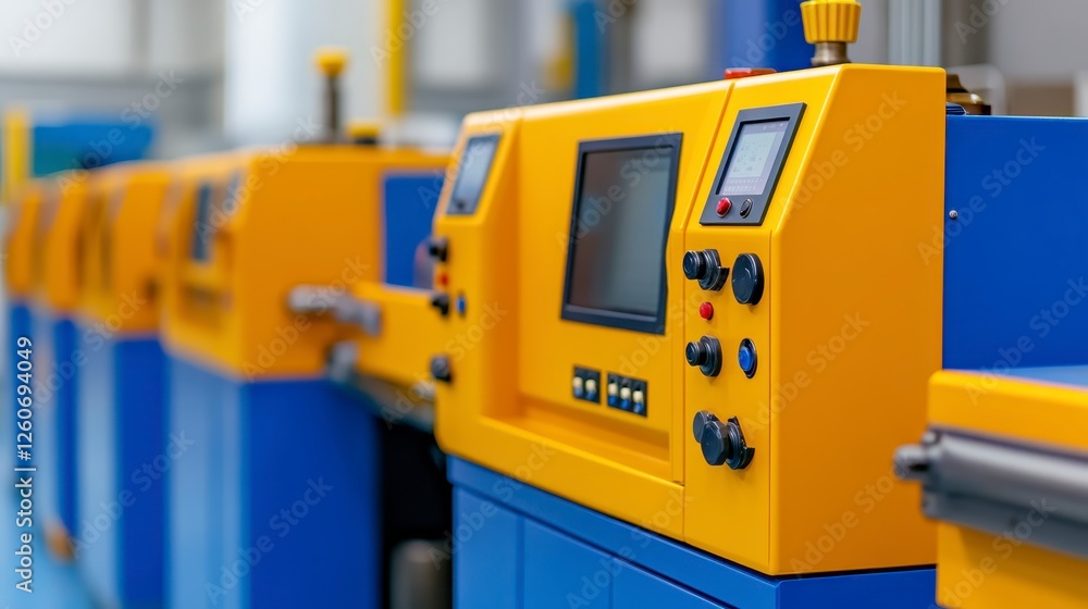 Poster industrial machinery control panel with bright yellow panels and blue background, showing many butto