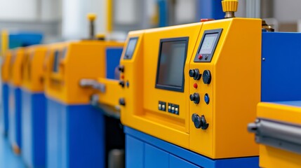 Industrial machinery control panel with bright yellow panels and blue background, showing many buttons and a large touchscreen display. Focuses on