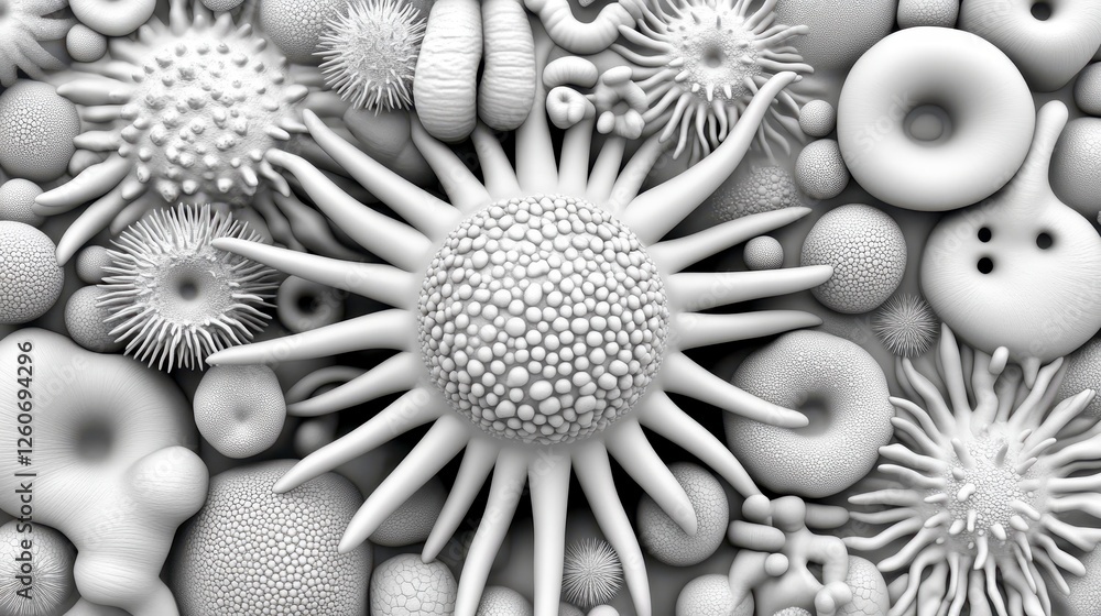 Poster abstract monochrome close up view of various 3d rendered microorganisms, showcasing diverse shapes a