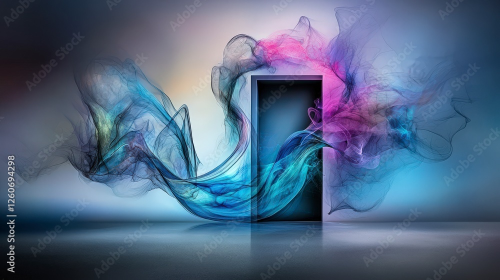 Poster Dynamic flowing colors emerge from a doorway abstract art digital creation vibrant environment artistic perspective