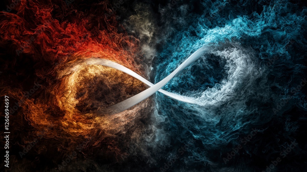 Poster Dynamic white curve intersecting fiery chaos abstract art digital creation dark background artistic perspective