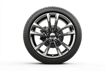 Obraz premium Glossy black car wheel on white background. Artificial Intelligence
