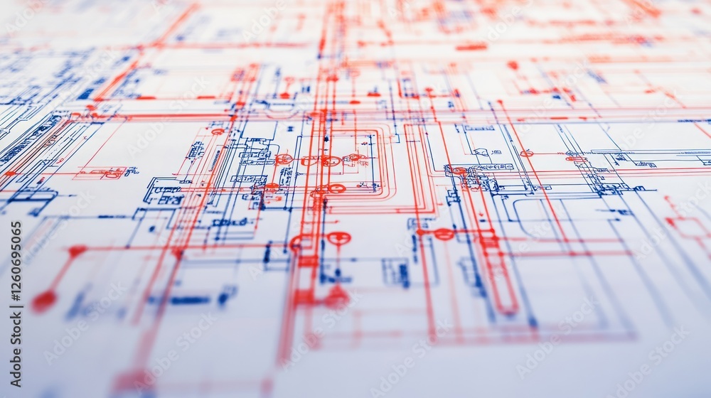 Poster abstract technical blueprint with intricate red and blue circuit patterns on white background