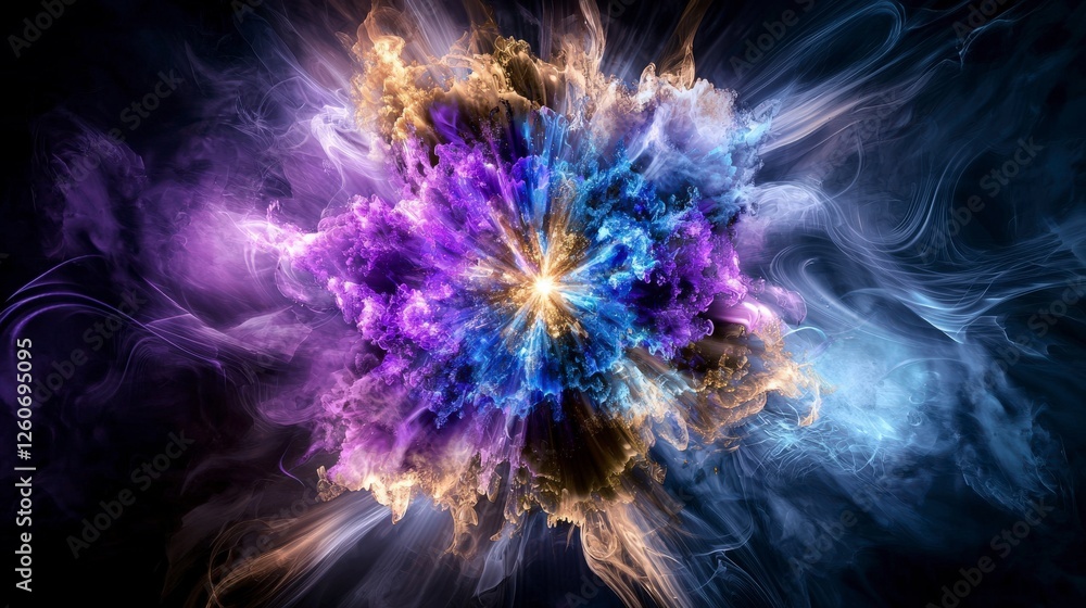 Poster emanating energy central point color bursts in vibrant abstract art on dark background