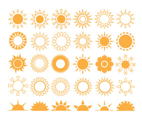 Sun icon set, sunshine and solar glow, Sunrise or sunset, Sun icons isolated on white background, Sun vector illustration
