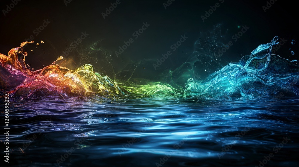 Aufkleber colorful light waves flowing over a water surface artistic display tranquil environment close-up vie