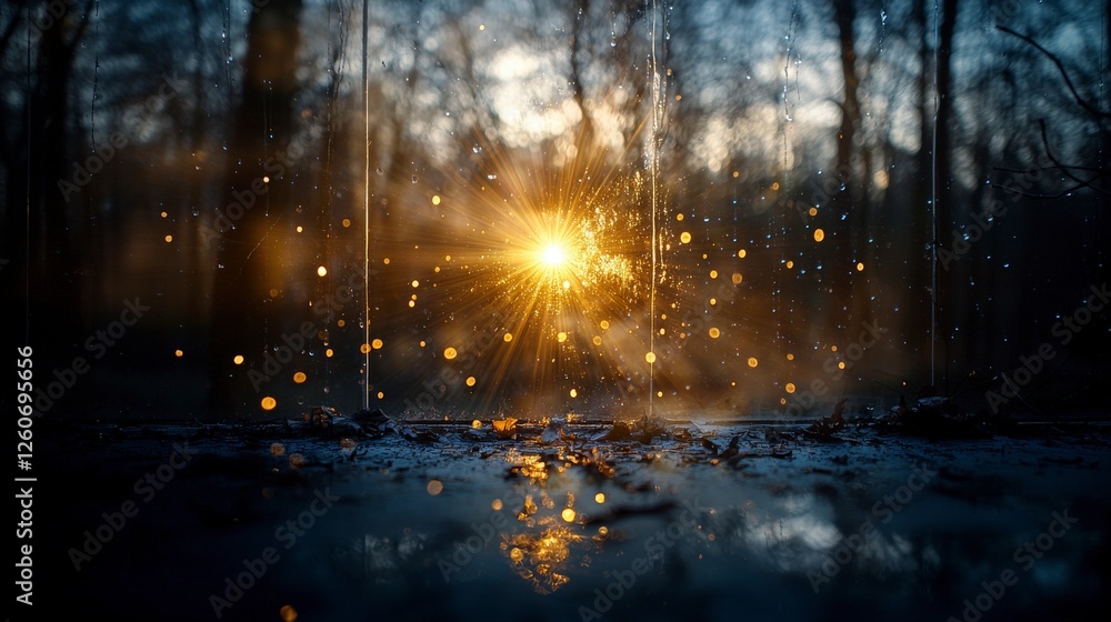 Poster tranquil atmosphere close-up of dappled sunlight streaming through a forest window in nature photogr