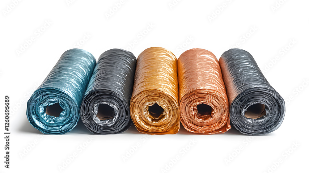 Poster Five rolls of colorful, shiny material are neatly arranged in a row, showcasing textures and hues of blue, gold, orange, and gray