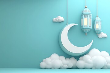 Arabic lantern, cloud, crescent, star on blue pastel background copy space text. Design creative concept for islamic celebration day ramadan kareem or eid.  Design creative concept for islamic celebra