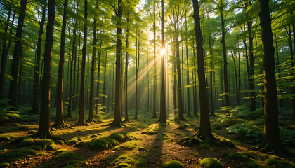 Obraz premium Sunlit Green Forest Panorama with Rays of Light, Serene Nature Background