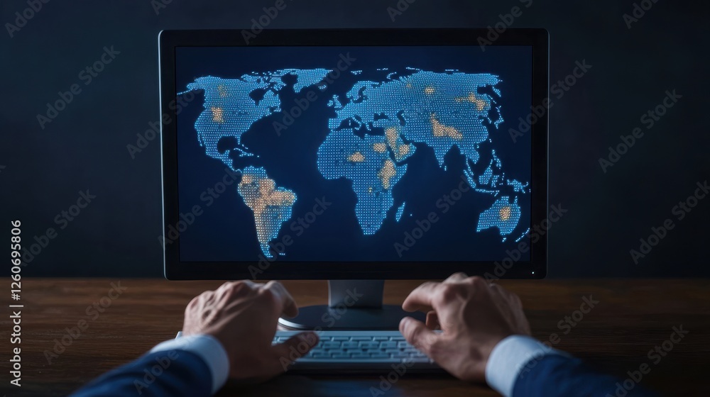 Poster a person uses a computer to view a digital world map, highlighting countries and data, signifying gl