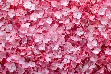 A dense layer of pink flower petals covers the ground in a tranquil garden. The soft hues evoke a sense of peace, celebrating the beauty of nature in spring.