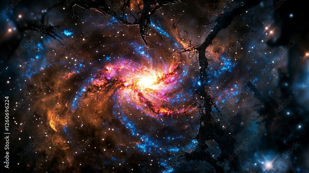 Poster dynamic motion of a swirling galaxy in cosmic space vibrant colors digital art celestial viewpoint a