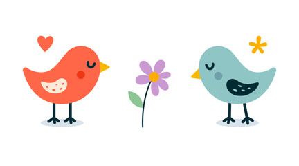 Bird icon. Bird sticker. Wildlife. Wild. Cartoon bird. Animal sign. Child character. Sticker. Flying animal. Children's book. Spring. Valentine's day. Birds with flower. Poster. Cute birds. Nature