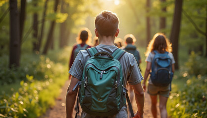 Group of kids hiking in summer forest with backpacks and sunlight