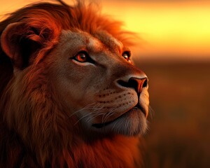 Majestic lion gazing at the sunset.