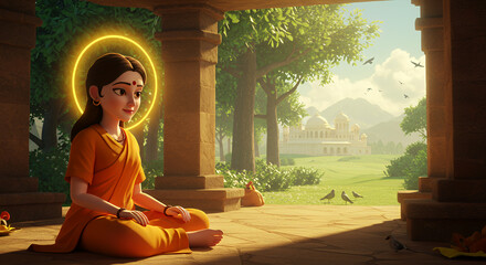 An image of Maa Sita sitting in a temple.